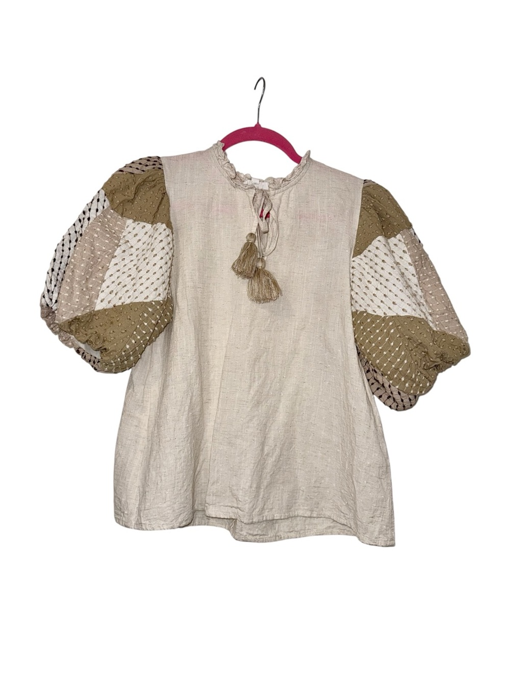 cream/oatmeal, tan, brown, white puff sleeves tassel THML blouse, small, vguc